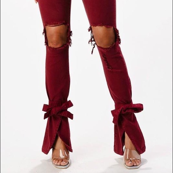 Ankle Tied Jeans available in Burgundy, high rise stretch fabric front destroyed - Picture 2 of 4
